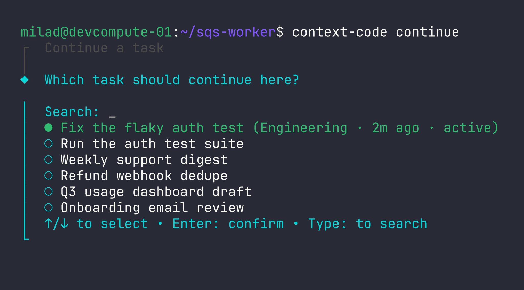 The context-code continue picker in a terminal, listing recent workspace tasks with the most recent one selected