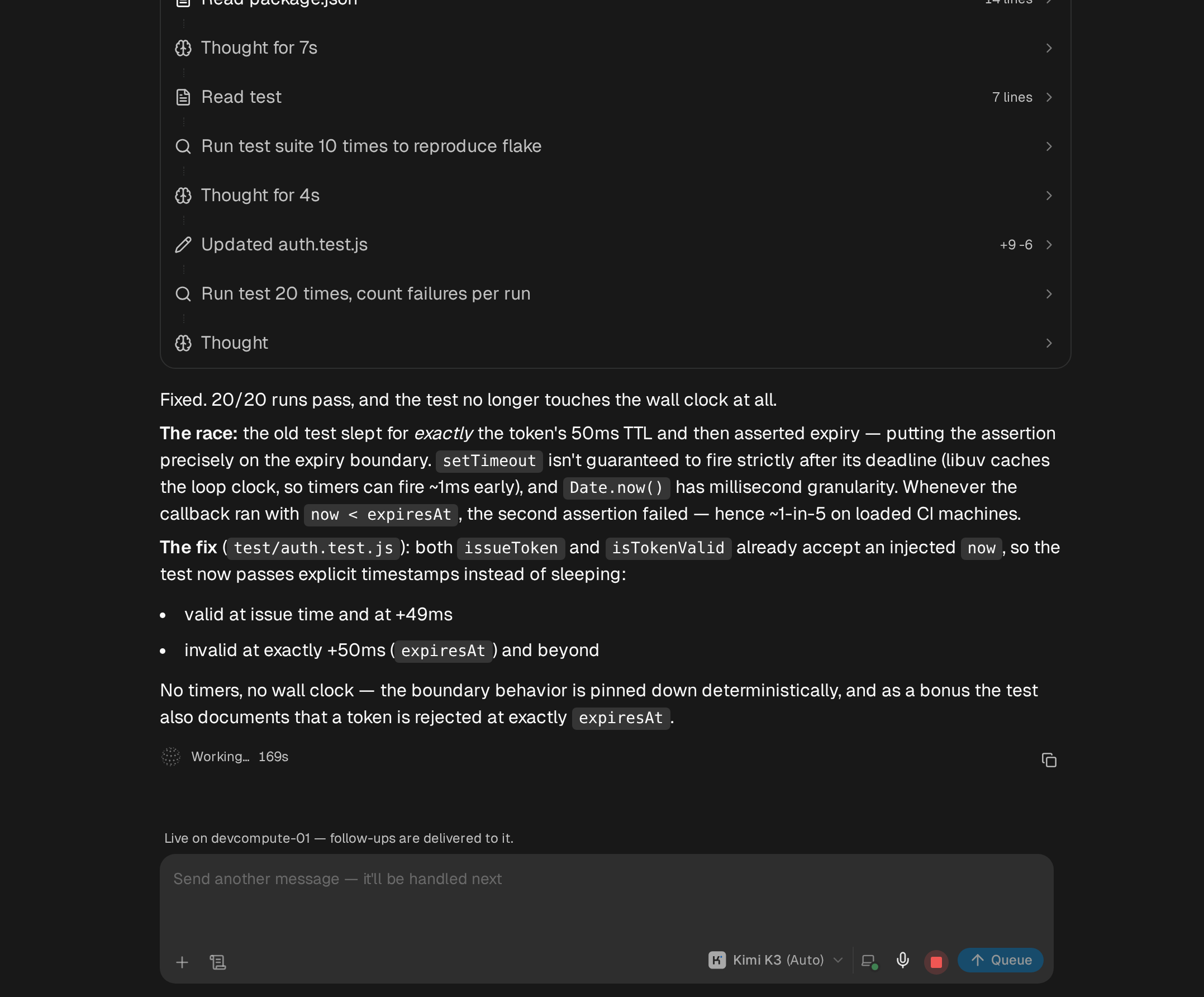 A workspace task page streaming a terminal session: tool calls, an updated test file, the finished explanation, and a composer noting the session is live on devcompute-01