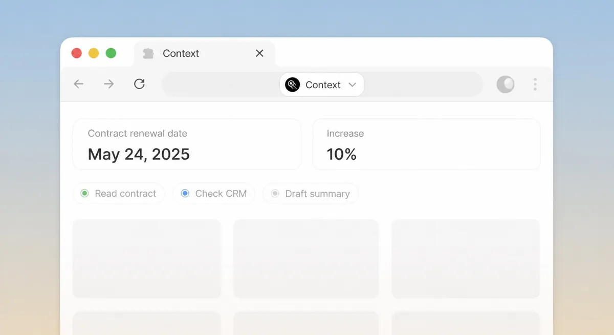 Context Desktop reviewing renewal terms across a contract and CRM