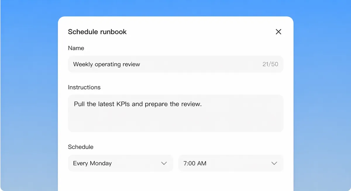 Context Desktop scheduling a weekly operating review runbook