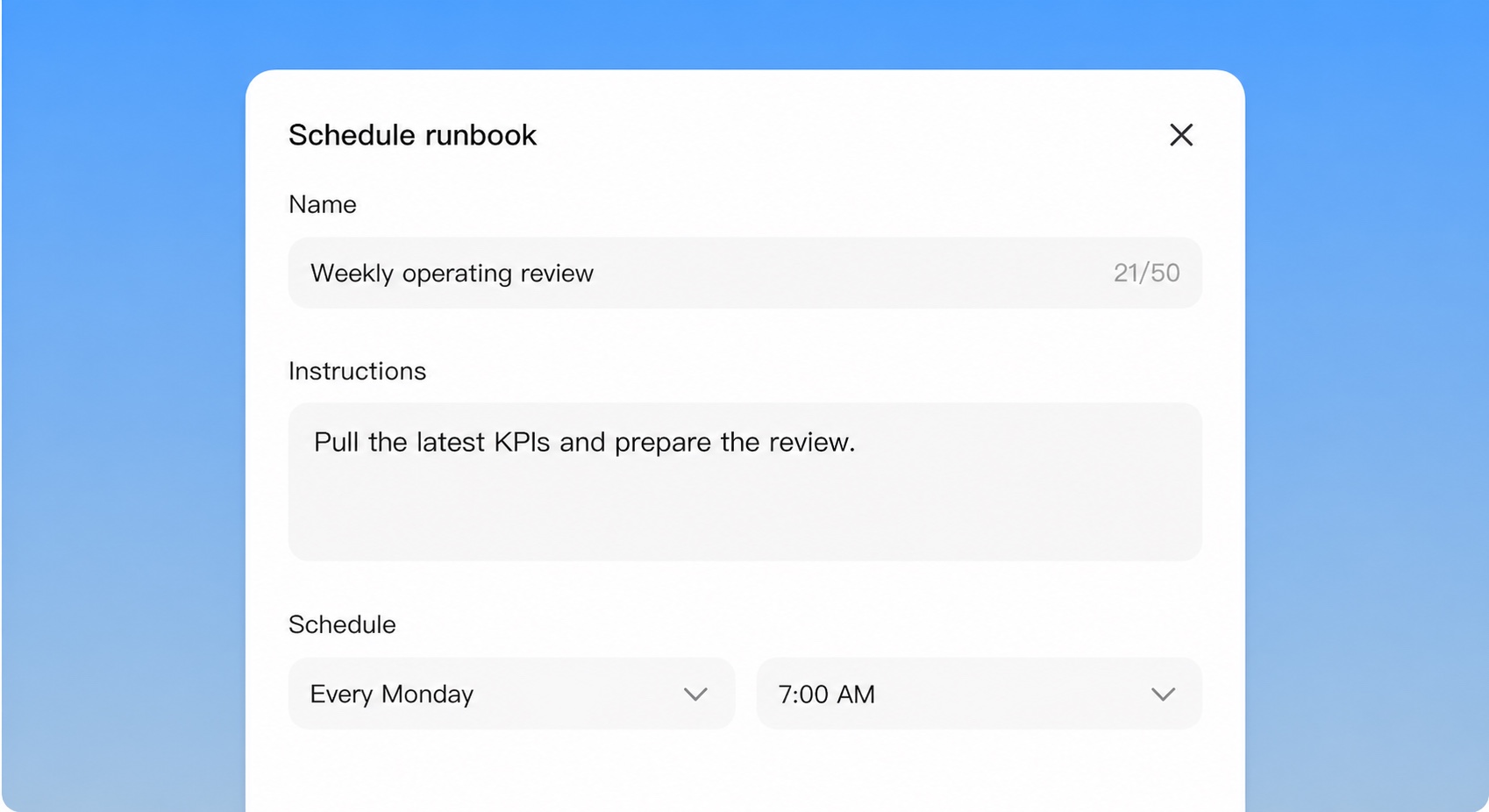 Context Desktop scheduling a weekly operating review runbook