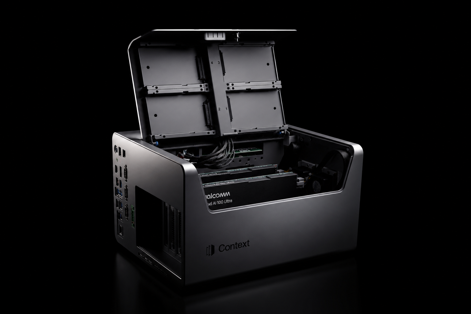 The Context on-prem appliance with the Qualcomm AI 100 Ultra accelerator visible inside.